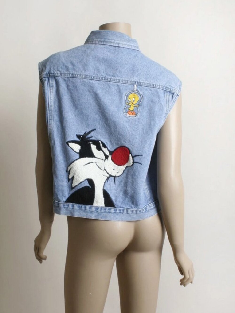 Vintage 90s Sylvester Tweety Bird Denim Vest Looney Tunes XL